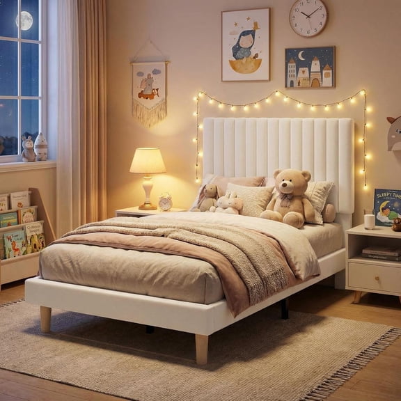 Twin Size Bed Frame, Upholstered Platform Bed Frame Queen Size with Vertical Channel Tufted Adjustable Headboard, Strong Wooden Slats Support, No Box Spring Needed, Easy Assembly, Beige