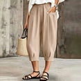 thumbnail image 4 of TEAJOPSUU Womens Linen Capri Pants Baggy Wide Leg Capris Slacks with Pockets Comfy Elastic Waist Pleated Front Cropped Trousers for Daily B-Khaki, 4 of 9