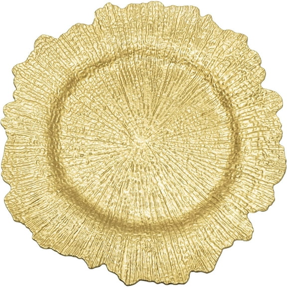 Simply Elegant Large Reef Plastic Charger Plate | Service Plate for Parties, Dinner, Weddings, Quinceaneras and Events | 14 inch Diameter | Gold- Gloss Finish | Set of 12