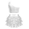 thumbnail image 4 of Kids Girls 2 Piece Dance Outfits Sets Sequin One Shoulder Crop Top with Skirt Jazz Latin Ballroom Costume White 4-5Years, 4 of 6