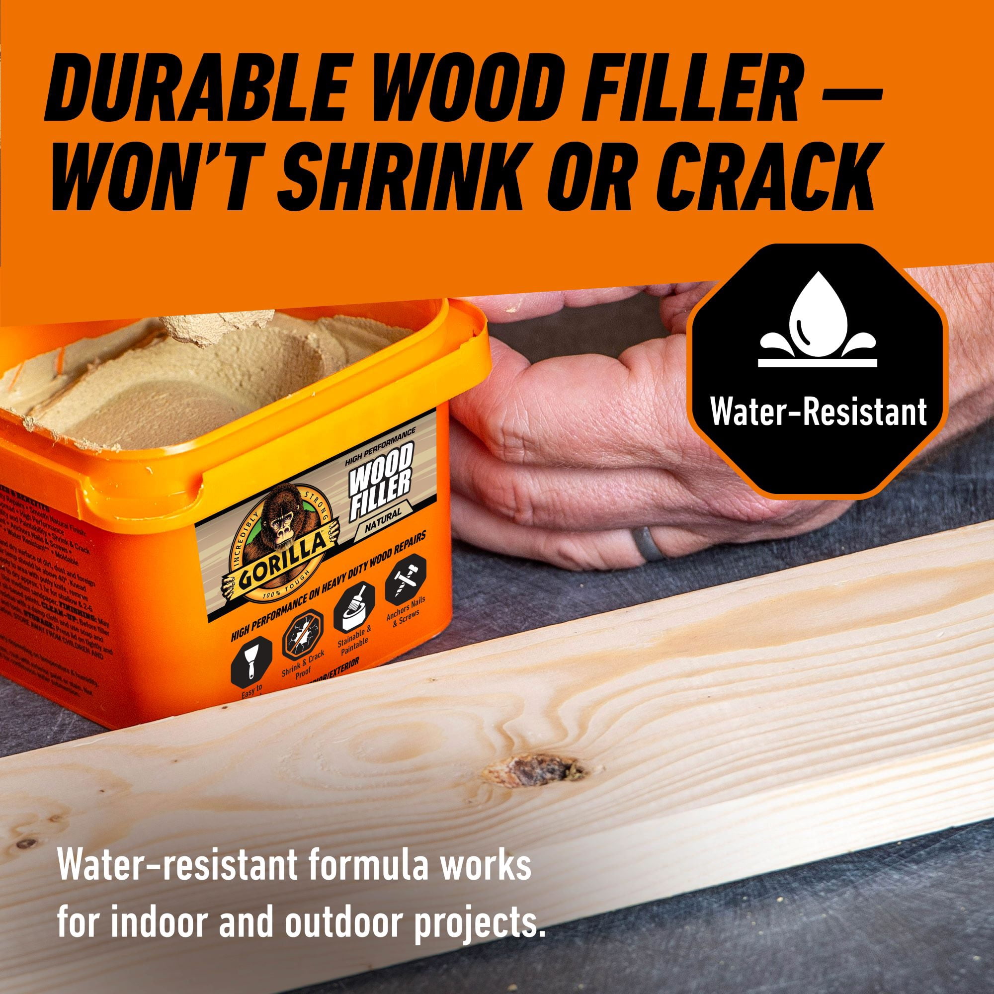 (6 pack) Gorilla All Purpose Wood Filler, Natural Finish, 16 Ounce Tub - Water Resistant for Indoor or Outdoor Projects and Repairs