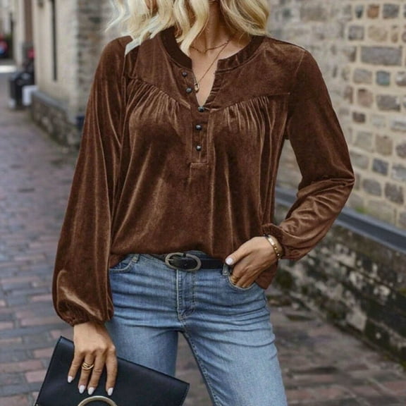 Feancey Womens V Neck Velvet Tops Vintage Lantern Long Sleeve Button Pleated Elegant Casual Fall Velour Blouses Dressy Trendy Party Shirts Coffee 3XL