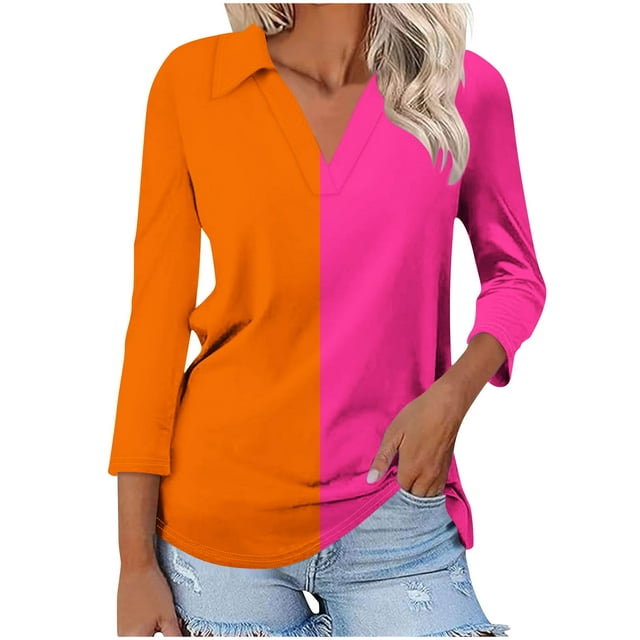 Timegard Haut pour Femmes Manches 3/4 Col en V Tee-Shirt à Blocs de Couleur Décontracté Ample Confortable Mode Été