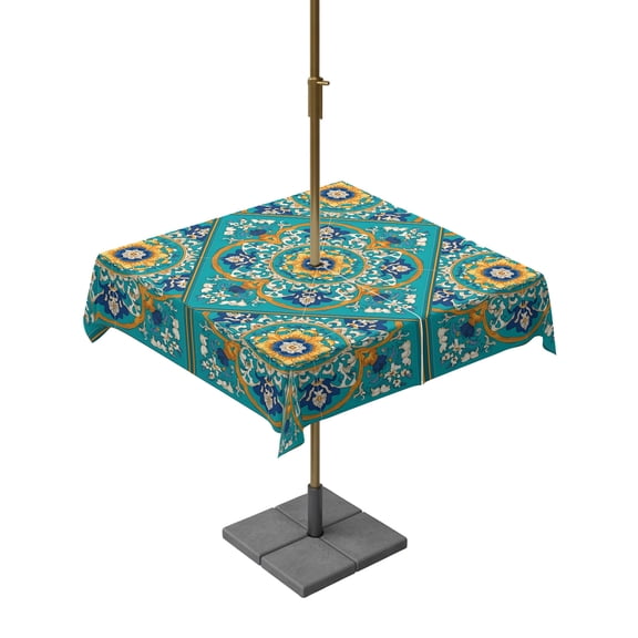 Outdoor Tablecloth with Umbrella Hole for Patio/Picnic/Party/Camping, Turquoise Orange Boho Waterproof Table Cloth Square Cover Washable, Vintage Bohemia Flower Geometric (60"x 60")