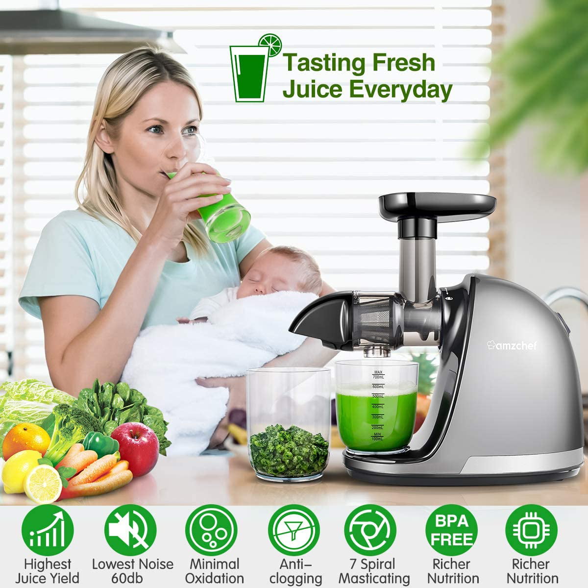 BPA Free Amzdeal Slow Juicer Masticating Juicer Machine 200W Cold Press Juicer Creates Fresh and Nutrient Fruit and Veg Juice with Reverse Function and Quiet Motor 