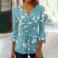 thumbnail image 2 of Women's Dressy Tops Vintage Summer Clothes for Teen Girls Fashion 2024 Boho Flora Print 3/4 Flare Sleeve Flowy Pleated Shirts Henley Neck Tunic 1/4 Button up Blouse Blue T Shirts XXL, 2 of 5