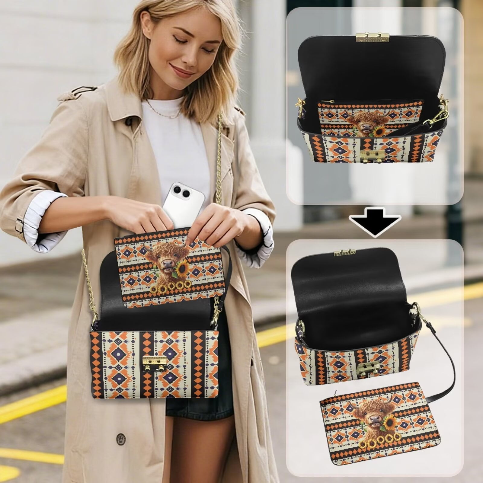 Pzuqiu Aztec Tribal Crossbody Leather Bags for Women Vintage Functional Lightness Woman Crossbody Bag with Chain Strap Trendy Minimalist Exquisite Gifts for Women