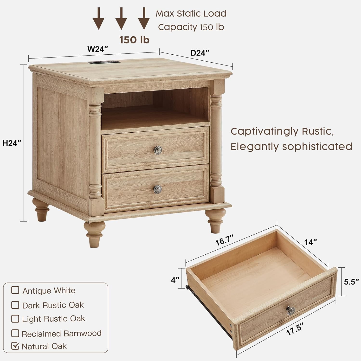 OKD Wood Nightstand with Charging Station for Bedroom, Farmhouse End Side Table with 2 Drawers for Living Room, Natural Oak