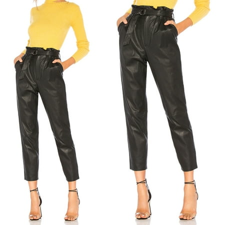 Women Pu Leather High Waist Stretch Pants With Pockets And Belt 2019 Ladies Black Skinny Trouser Elegant Woman Slim Pencil Pants Black Size