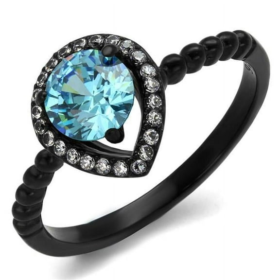 Alamode TK2364-10 Women IP Black Stainless Steel Ring with AAA Grade CZ in Sea Blue - Size 10
