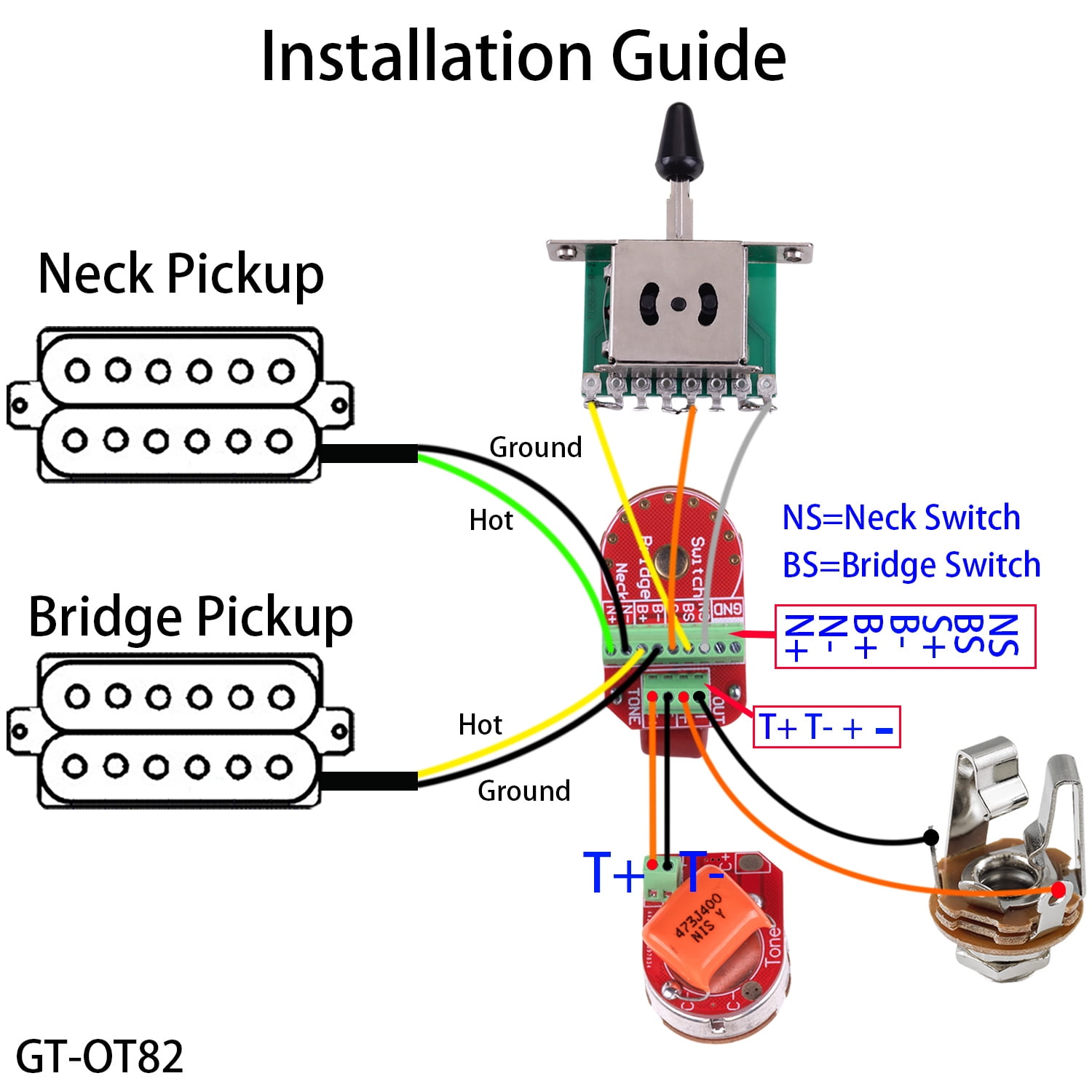 LOOKSEVEN Solderless Pre-Wired Control Plate Kit with 3-Way Switch, Aluminum Shaft Pot (1 Volume 1 Tone) Wiring Harness Easy Plug & Play Upgrade with Treble-Bleed Circuit for Telecaster Guitars