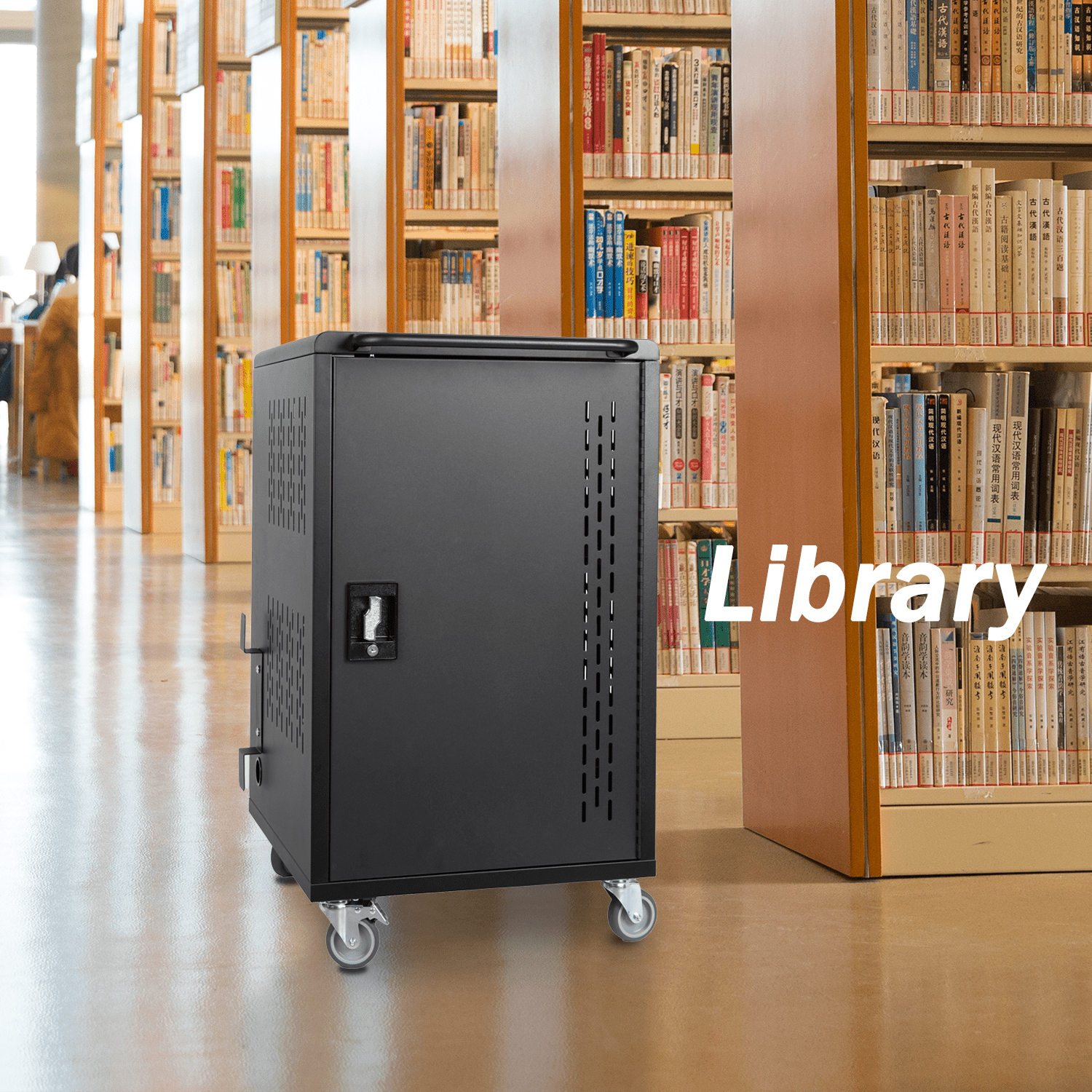 Mobile 32-Bay School Charging Cart for Chromebooks and Laptops, Locking Station with Power Strip for Classroom Use, Black