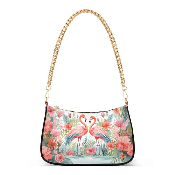 Womens Chain Shoulder Bag Flamingo and Flowers Classic Tote Handbags Fashion Clutch Hobo Purse with Zipper for Travel Casual