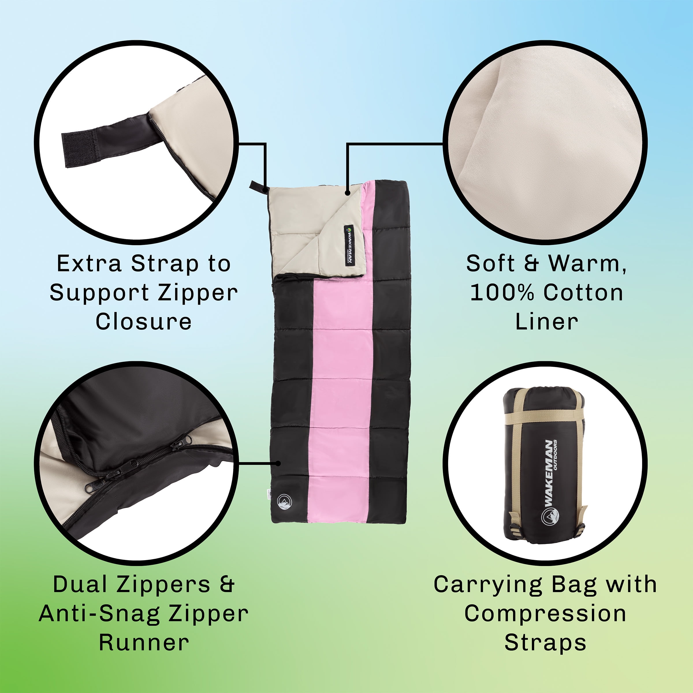 Lightweight Kids Sleeping Bag - Carrying Bag with Compression Straps Included - For Camping, Backpacking, Sleepovers by Wakeman Outdoors (Pink/Black)