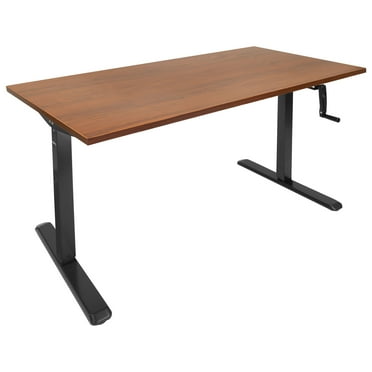 Mount-It! Hand Crank Sit-Stand Black Desk Frame with Extra-Wide Brown Tabletop