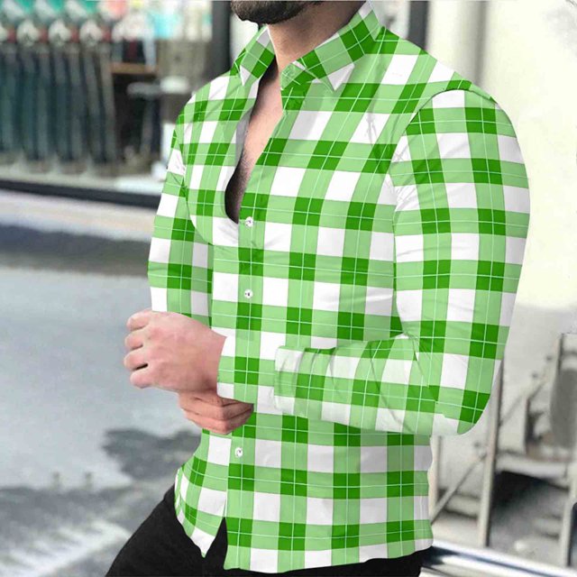 Timdgard Button down Shirts for Men Fall Plaid Lapel V Neck Long Sleeve Shirts Work Casual Tops