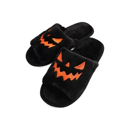 

Women Halloween Slippers Unisex Pumpkin Fuzzy Warm Home Slippers Halloween Plush Cozy Open Toe Home Slippers