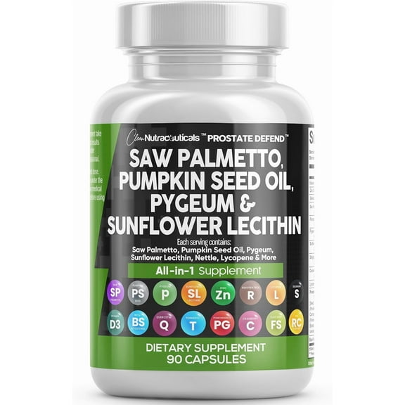 Clean Nutraceuticals Saw Palmetto Pumpkin Seed Oil Pygeum Sunflower Lecithin Stinging Nettle Cranberry - Prostate Supplements for Men with Lycopene - 90 Caps