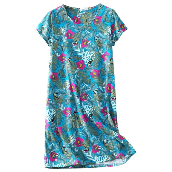 WBQ Women's Short Sleeve Nightgown Cotton Blend Sleep Shrit Crew Neck Print T Shirt Nightshirt Above Knee Length Sleepdress S-XL