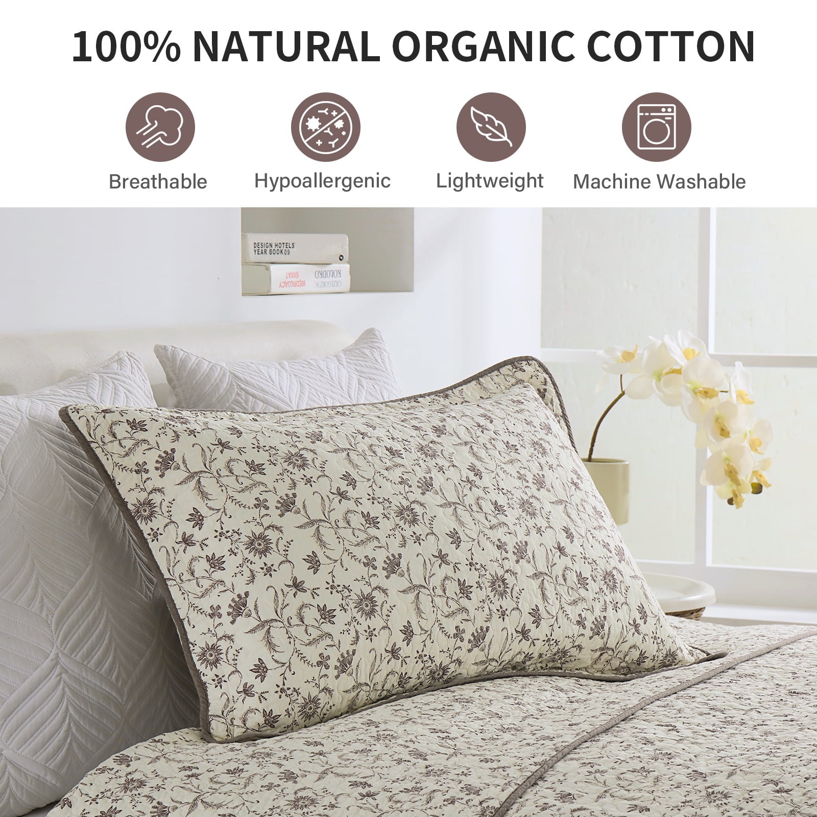 DDUOXIN Floral Beige Queen Size Quilts - 100% Cotton Queen Size Bedspread Quilt Set, Flower Quilted Bedspreads for Queen Bed, Lightweight Reversible Bedding Set for All-season, Purple/Beige Brown