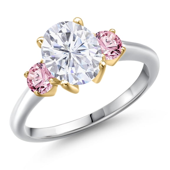 Gem Stone King 925 Silver and 10K Yellow Gold White Moissanite and Pink Lab Grown Diamond Engagement Ring for Women | 2.60 Cttw | Oval 9X7MM | Gemstone Birthstone | Size 6