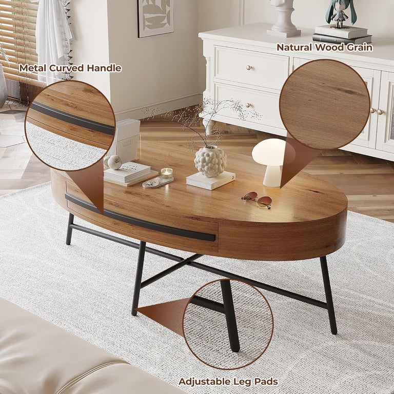 Coffee Table,Oval Wood Tea Table w/Storage and Cross Metal Legs