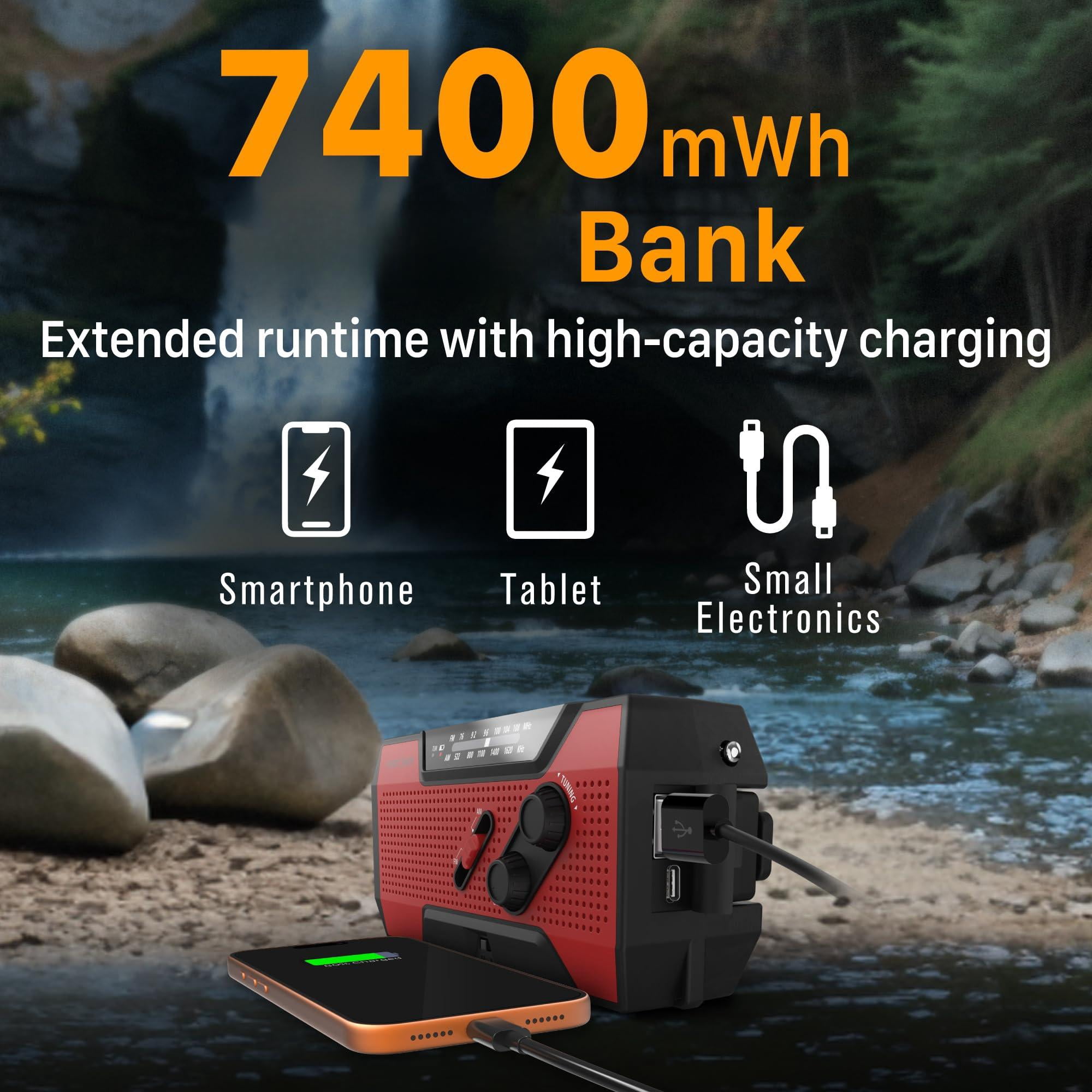 Noaa Emergency Weather Radio A1 7400mwh Portable Power  Am/fm Usb/solar/hand Crank Charging Operated Sos Alarm & Flashlight For Indoor/outdoor - Red