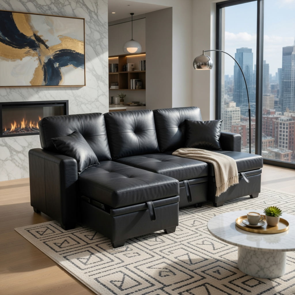 Hommoo L-Shaped Sleeper Sectional Sofa with Pull-Out Bed, Reversible Chaise & Hidden Storage, Contemporary Convertible Living Room Furniture for Small Spaces, Black