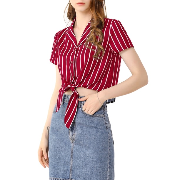 CAMISA CORTA DE MUJER CON BOTONES Y TIE FRONTAL A RAYAS M ROJO