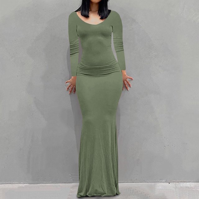 EQWLJWE Robes Moulantes pour Femmes Élégantes Col Rond Ajusté Manches Longues Aguichant sous-Couche Robe Nuisette