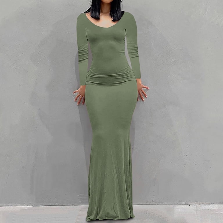 Vibrex Women's Casual Dresses Round-Neck Solid Long Leeve Dress Soft Maxi  Length Stretchable Plus Size Dresses - Walmart.com
