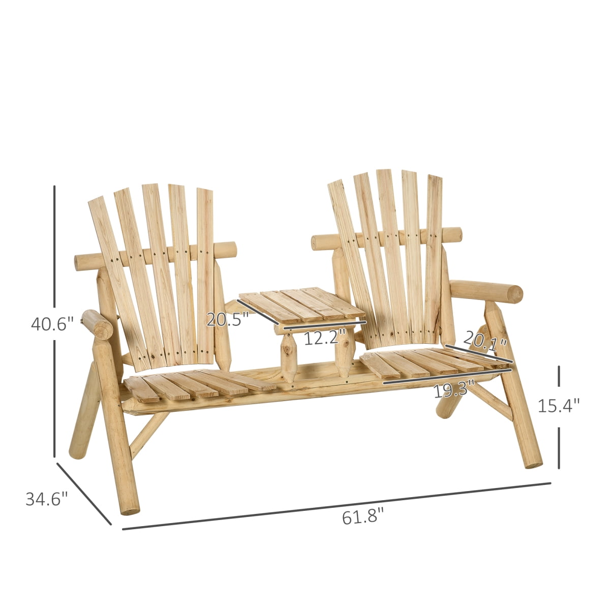 Newboti Furniture 2-Seat Wooden Adirondack Chair, Patio Bench with Table, Outdoor Loveseat Fire Pit Chair for Porch, Backyard, Deck, Natural BN.6877