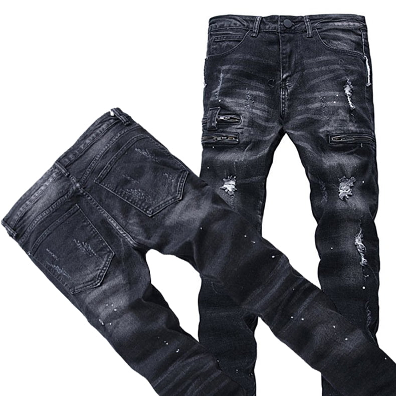 Mens Ripped Jeans Slim Stretch Fit Ripped Zip Denim All Waist Black Smart Button 