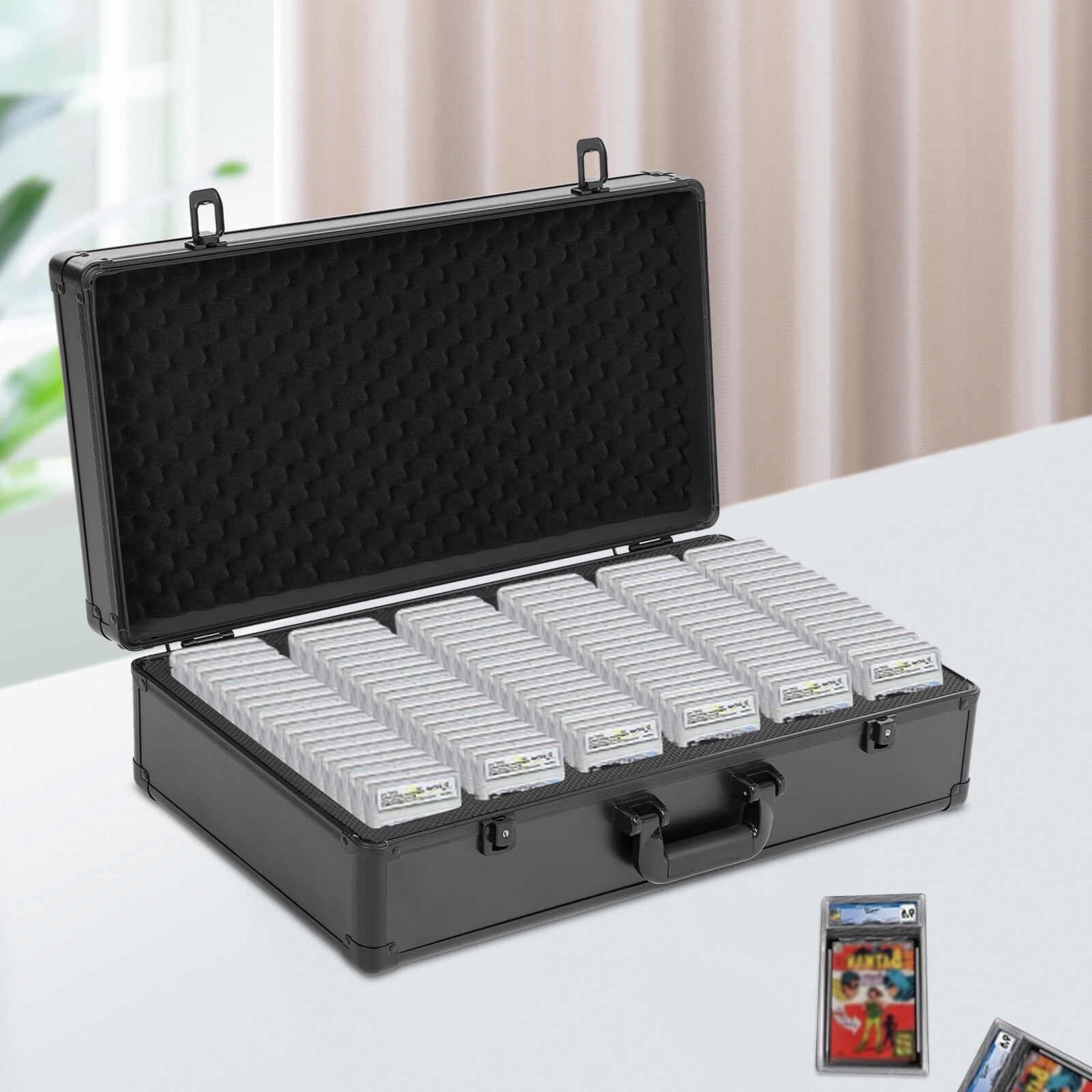 6-Row Slot Card Collection Box, Black Handle Design 33.07Lbs Load Capacity Case for Home Office Dormitory