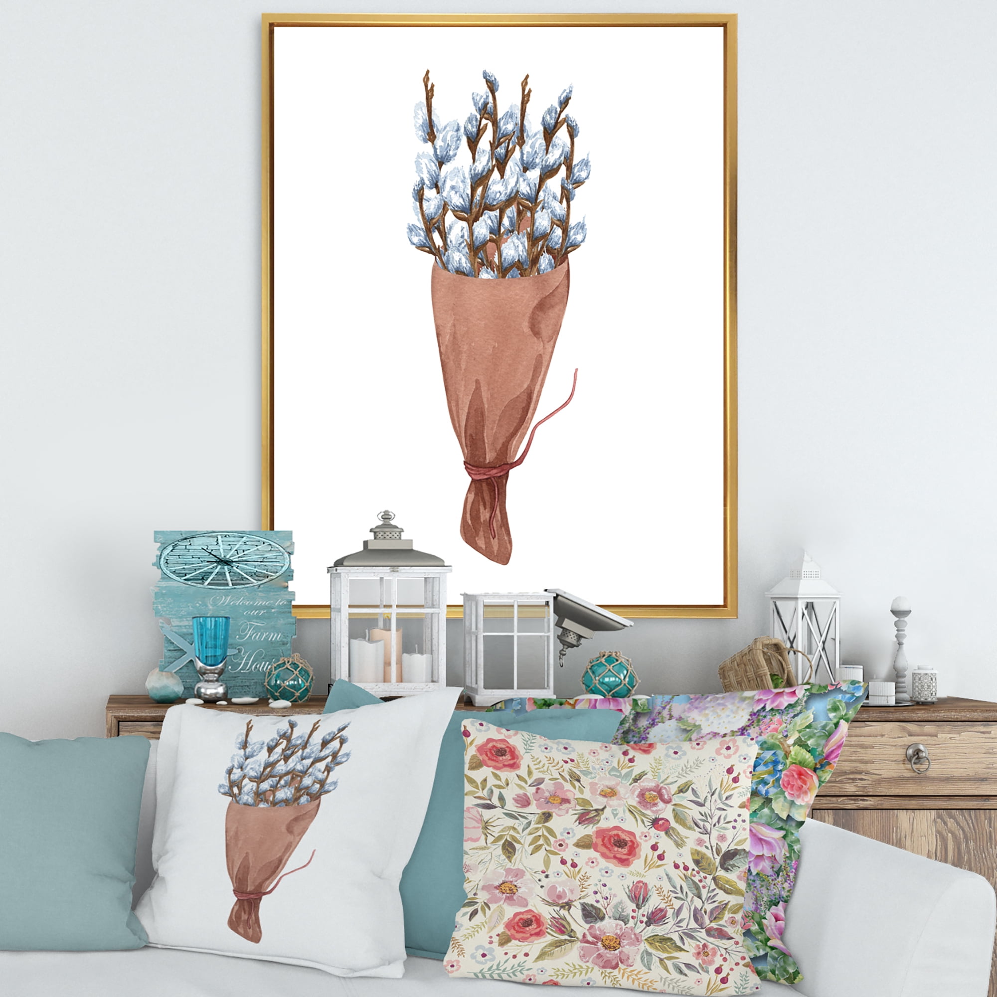 Designart 'Bunch of White Pussy Willow Twigs I' Farmhouse Framed Canvas Wall Art Print