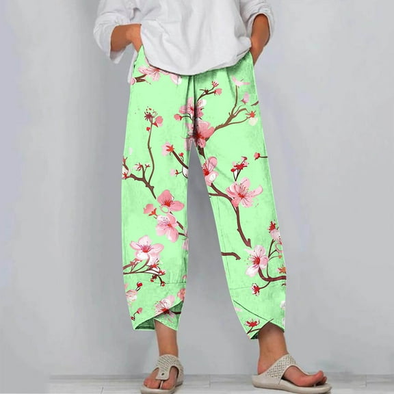 CLOISE Pants for Women High Waisted Casual Pants Stretch Active Pants Elastic Waist Straight Leg Lounge Pants Athletic Pull On Workout Trousers Fashion Loose Floral Print Pants Green