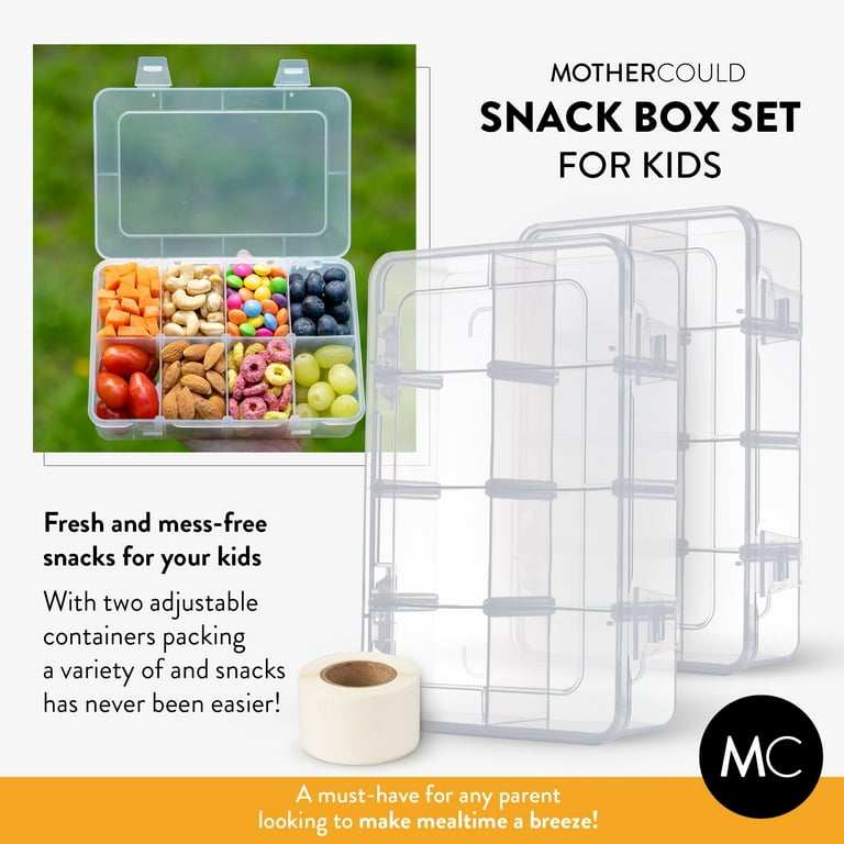 Mothercould Snack Box Set for Kids - 8 Compartments, Reusable Snack Solution with 100 Dissolvable Labels | Easy to Clean (2 Pack)