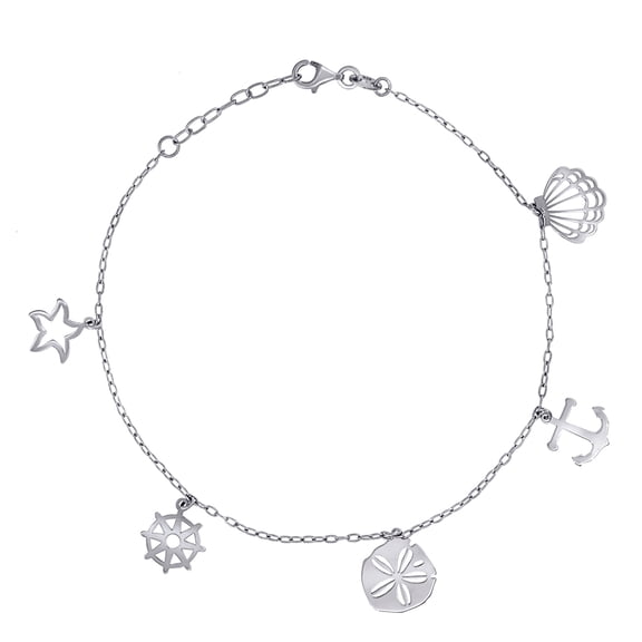 925 Sterling Silver Womens Ocean Life Charms Anklet 10 Inch 16.2mm Long Anklet for Women - 2.8 Grams