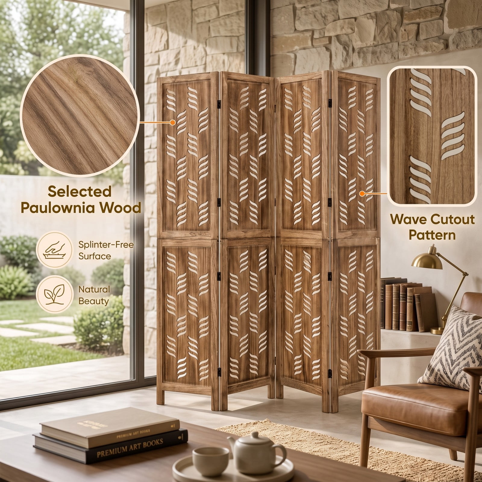 ALPULON 4-Panel Room Divider 5.5 FT Tall Folding Privacy Screen with Wave Cutout and Paulownia Wood Frame for Living Room Bedroom Office, Brown White
