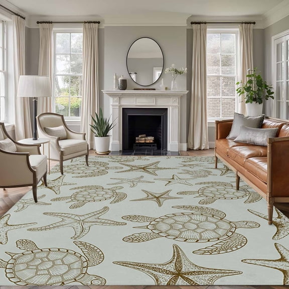 Gray Green Coastal Area Rugs 8'x10', Washable Small Throw Rugs for Living Room Patio, Summer Beach Ocean Sea Turtle Starfish Indoor Outdoor Rug Non-Slip Low Pile Carpet Runner Reversible Floor Mats