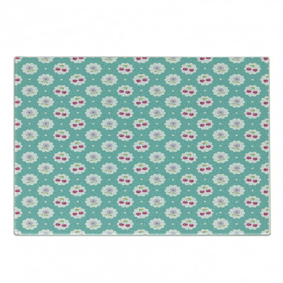 Seafoam Cutting Board, Dotted Background with Cherry and Flowers Abstract Flora Motif, Decorative Tempered Glass Cutting and Serving Board, Small Size, Sea Green Dark Coral, by Ambesonne