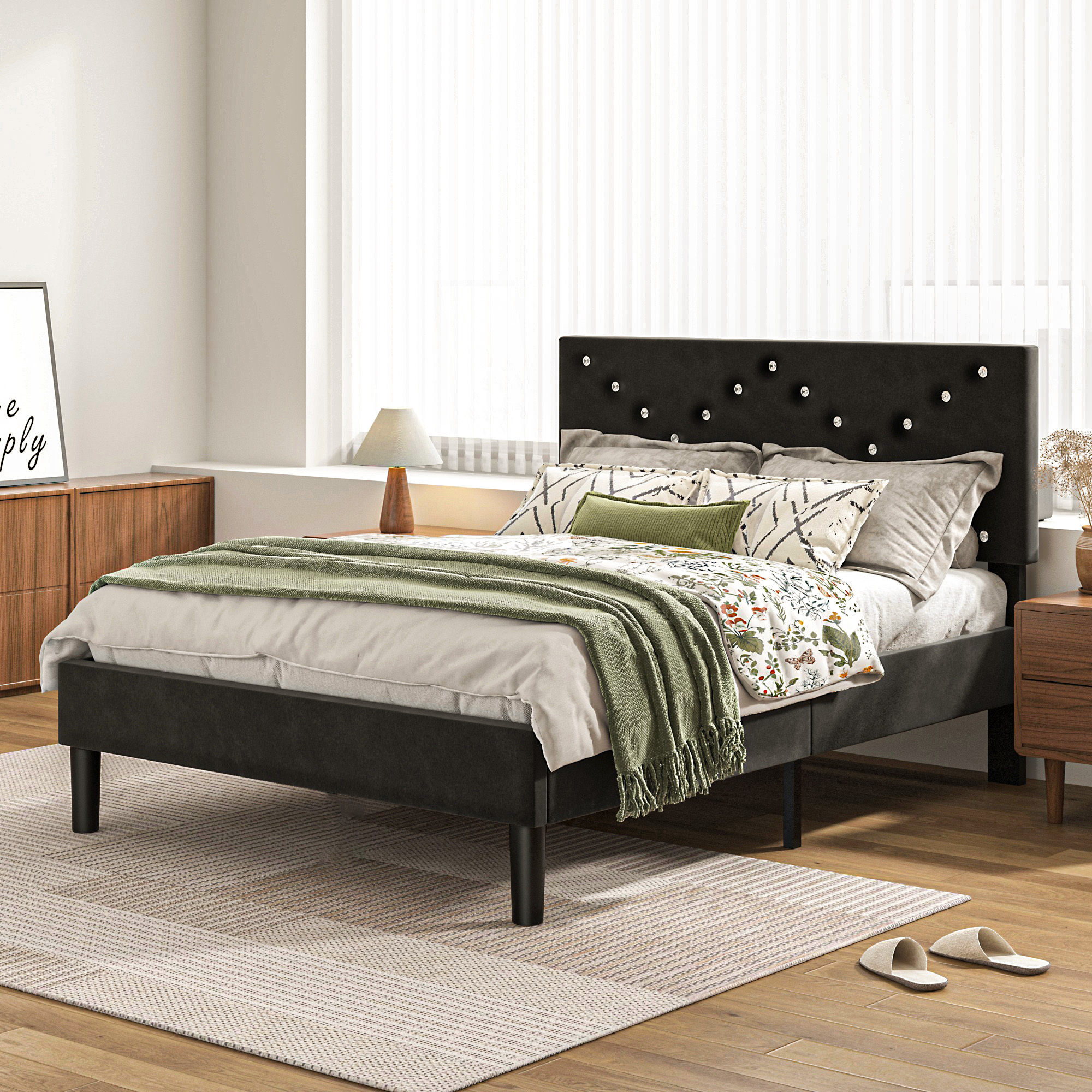 Full Size Bed Frame with Upholstered Headboard, Non-Slip and Noise-Free/Wooden Slats Support/No Box Spring Needed/Easy Assembly, Black