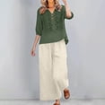 thumbnail image 3 of Linen Sets for Women 2 Piece 2026 Summer Plus Size 3/4 Sleeve Embroidered Tops Wide Leg Pants Casual Boho Beach Cute Outfits, 3 of 5