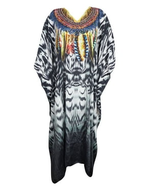 Mogul Women Black Maxi Dress Printed Beach Cover Up Resort Wear Cover Up Kaftan Housedress 3X