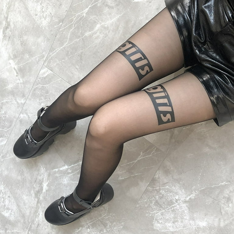 Techinal Womens Punk Sexy Letters Tattoo Tights Funny No After Party Words  Pantyhose Sheer Black Elastic Skinny Silky Footed Stockings Clubwear