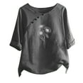 thumbnail image 2 of OKBOP Plus Size Tops for Women Gray 3/4 Sleeve Floral Cotton and Linen Crew Neck T-Shirts T Shirts for Women, 2 of 4