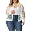 MODA NOVA Juniors Plus Size Mesh Sheer Floral Lace Long Sleeve Bomber Jacket White 1X