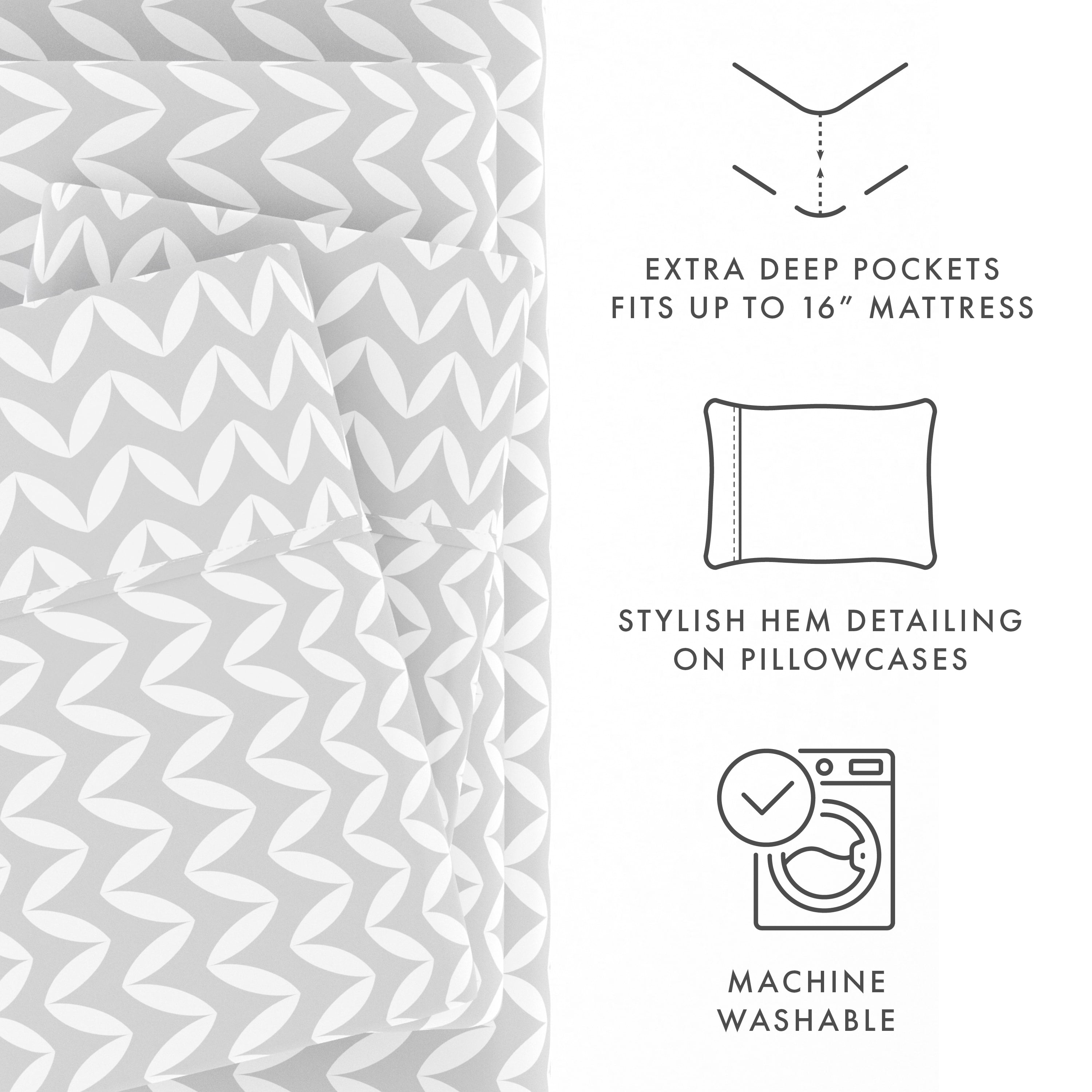 Noble Linens 4 Piece Pattern Microfiber Bed Sheets Set, Light Gray Puffed Chevron, California King
