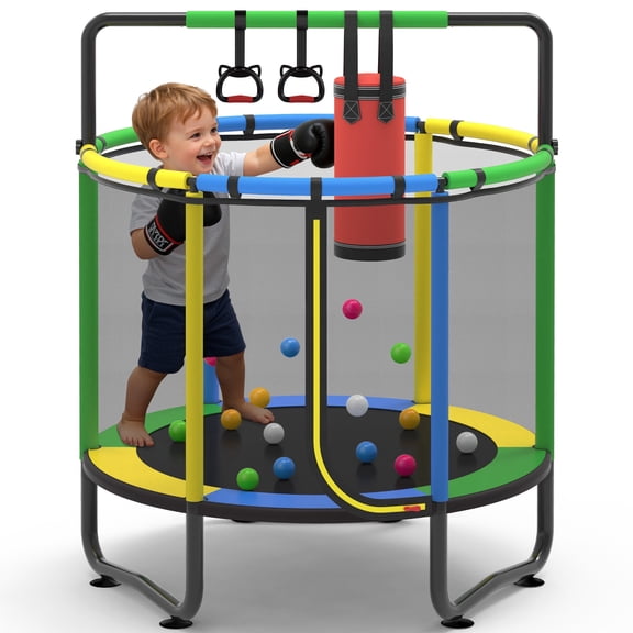 55" Toddler Trampoline for Kids with Basketball Hoop, SHINPT Indoor Outdoor Kids Trampoline with Enclosure Net, Basketball, Small Trampoline Gift for Boys Girls, Mini Trampoline for Kids