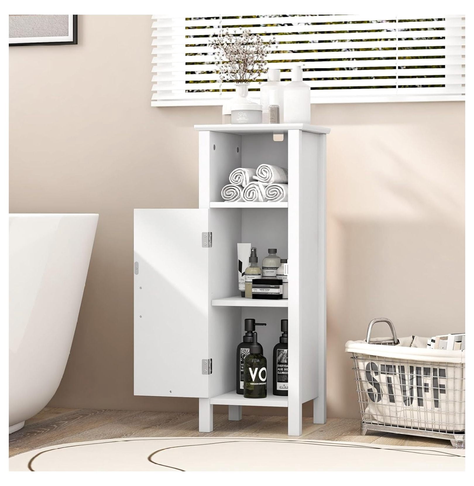Bathroom Floor Cabinet, Freestanding Narrow Storage Cabinet Console Table Nightstand with Adjustable Inner Shelves, Bathroom Side Storage Cabinet for Living Room Kitchen Entryway (White)